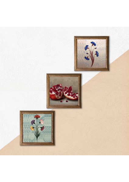 Ebru Sanatı, Nar Taş Duvar Tablosu Ahşap Çerçeveli Duvar Dekoru 3 Parça Tablo Seti Wall Art W3-1696