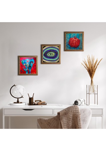 Fil, Nazar, Nar Taş Duvar Tablosu Ahşap Çerçeveli Duvar Dekoru 3 Parça Tablo Seti Wall Art W3-175