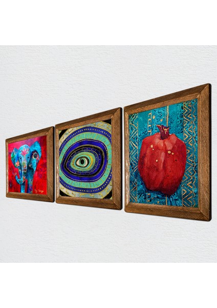 Fil, Nazar, Nar Taş Duvar Tablosu Ahşap Çerçeveli Duvar Dekoru 3 Parça Tablo Seti Wall Art W3-175 fiyatları