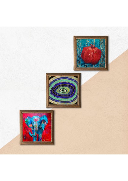Fil, Nazar, Nar Taş Duvar Tablosu Ahşap Çerçeveli Duvar Dekoru 3 Parça Tablo Seti Wall Art W3-175 indirimleri