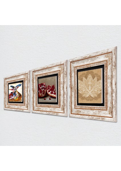 Lotus Çiçeği, Semazen, Nar Taş Duvar Tablosu Çerçeveli Duvar Dekoru 3 Parça Tablo Seti Wall Art T3-874