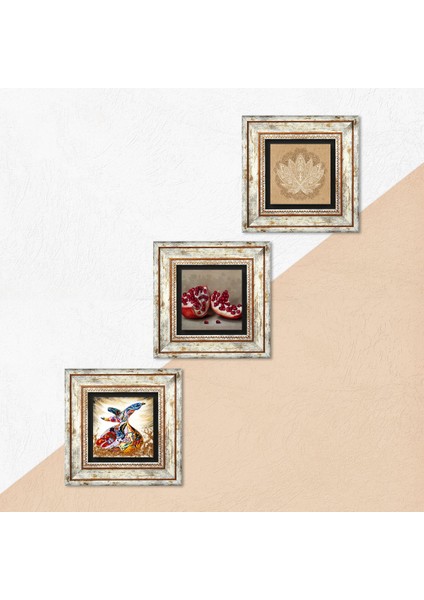 Lotus Çiçeği, Semazen, Nar Taş Duvar Tablosu Çerçeveli Duvar Dekoru 3 Parça Tablo Seti Wall Art T3-874
