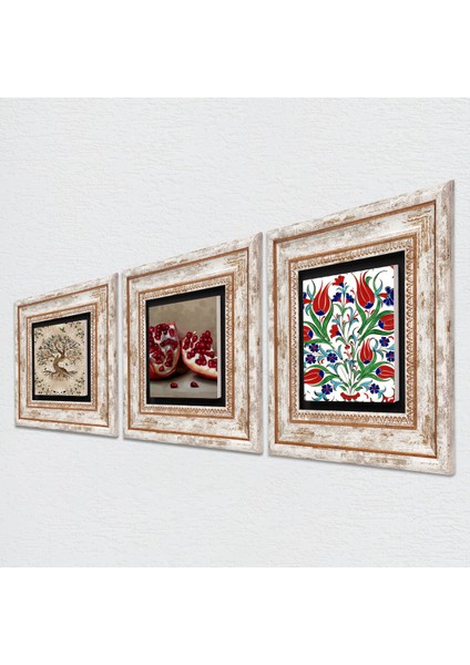 Çini Sanatı Lale, Hayat Ağacı, Nar Çerçeveli Taş Duvar Tablosu 3’lü Set - Dekoratif Modern Sanat, Ev ve Ofis Dekoru |TK3-930| fiyatları