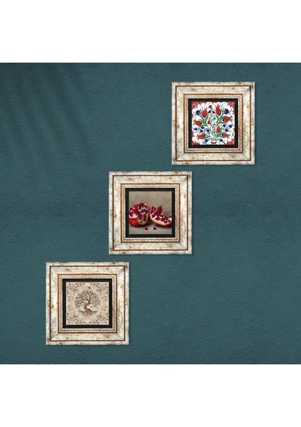 Çini Sanatı Lale, Hayat Ağacı, Nar Çerçeveli Taş Duvar Tablosu 3’lü Set - Dekoratif Modern Sanat, Ev ve Ofis Dekoru |TK3-930| fırsatları