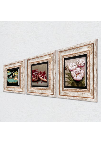 Kelebekli Çiçek, Şahmeran, Nar Taş Duvar Tablosu Çerçeveli Duvar Dekoru 3 Parça Tablo Seti Wall Art T3-957 fiyatları