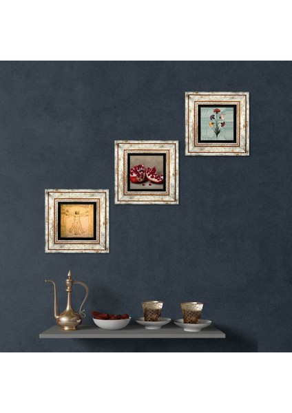 Ebru Sanatı, Leonardo da Vinci Vitruvius Adamı, Nar Taş Duvar Tablosu Çerçeveli Duvar Dekoru 3 Parça Tablo Seti Wall Art T3-1388