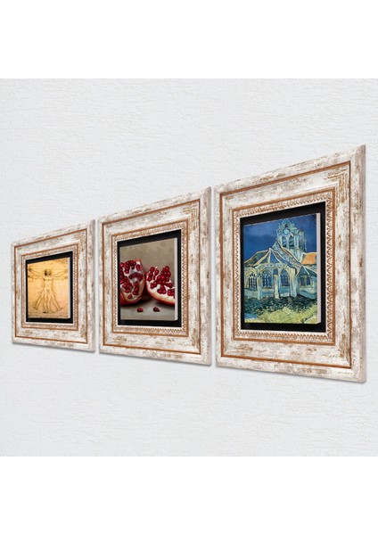 Van Gogh Kilise, Leonardo da Vinci Vitruvius Adamı, Nar Taş Duvar Tablosu Çerçeveli Duvar Dekoru 3 Parça Tablo Seti Wall Art T3-1393 fiyatları