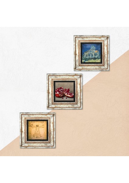 Van Gogh Kilise, Leonardo da Vinci Vitruvius Adamı, Nar Taş Duvar Tablosu Çerçeveli Duvar Dekoru 3 Parça Tablo Seti Wall Art T3-1393 indirimleri