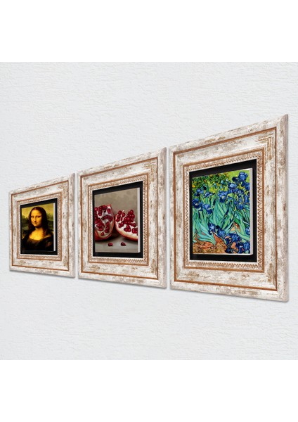 Van Gogh İrisler, Leonardo da Vinci Mona Lisa, Nar Çerçeveli Taş Duvar Tablosu 3’lü Set - Dekoratif Modern Sanat, Ev ve Ofis Dekoru |TK3-1411| fiyatları