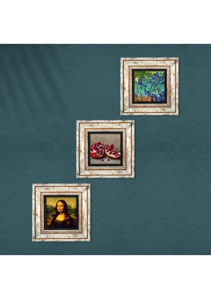 Van Gogh İrisler, Leonardo da Vinci Mona Lisa, Nar Çerçeveli Taş Duvar Tablosu 3’lü Set - Dekoratif Modern Sanat, Ev ve Ofis Dekoru |TK3-1411| fırsatları