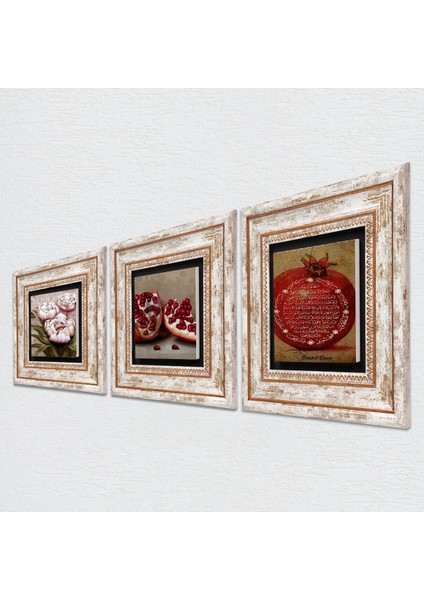 Bereket Duası, Kelebekli Çiçek, Nar Taş Duvar Tablosu Çerçeveli Duvar Dekoru 3 Parça Tablo Seti Wall Art T3-1214
