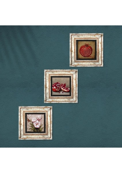 Bereket Duası, Kelebekli Çiçek, Nar Taş Duvar Tablosu Çerçeveli Duvar Dekoru 3 Parça Tablo Seti Wall Art T3-1214