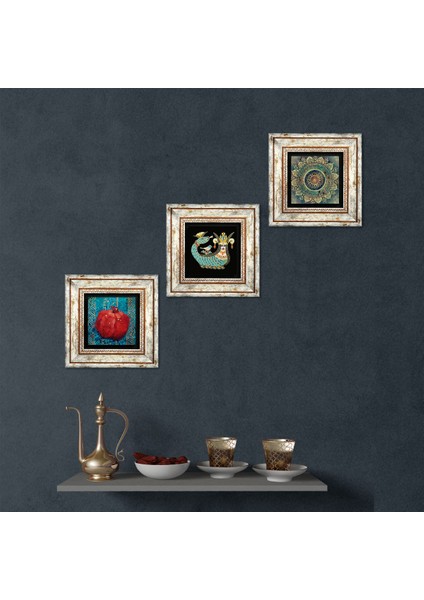 Mandala, Şahmeran, Nar Taş Duvar Tablosu Çerçeveli Duvar Dekoru 3 Parça Tablo Seti Wall Art T3-122