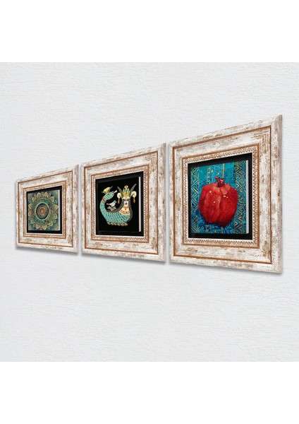 Mandala, Şahmeran, Nar Taş Duvar Tablosu Çerçeveli Duvar Dekoru 3 Parça Tablo Seti Wall Art T3-122 fiyatları