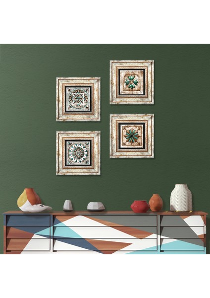 Stone Fas Desenli Vintage, Çini Sanatı Çerçeveli Taş Duvar Tablosu 4’lü Set - Dekoratif Modern Sanat, Ev ve Ofis Dekoru |TK4-87|