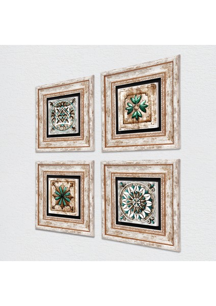 Stone Fas Desenli Vintage, Çini Sanatı Çerçeveli Taş Duvar Tablosu 4’lü Set - Dekoratif Modern Sanat, Ev ve Ofis Dekoru |TK4-87| fiyatları