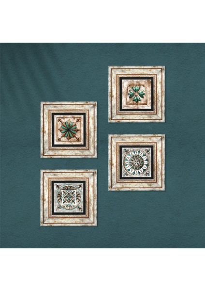 Stone Fas Desenli Vintage, Çini Sanatı Çerçeveli Taş Duvar Tablosu 4’lü Set - Dekoratif Modern Sanat, Ev ve Ofis Dekoru |TK4-87| fırsatları