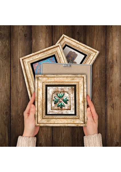 Stone Fas Desenli Vintage, Çini Sanatı Çerçeveli Taş Duvar Tablosu 4’lü Set - Dekoratif Modern Sanat, Ev ve Ofis Dekoru |TK4-87| modelleri