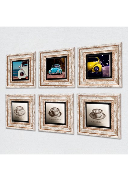 Kahve, Vosvos Araba Taş Duvar Tablosu Çerçeveli Duvar Dekoru 6 Parça Tablo Seti Wall Art T6-103