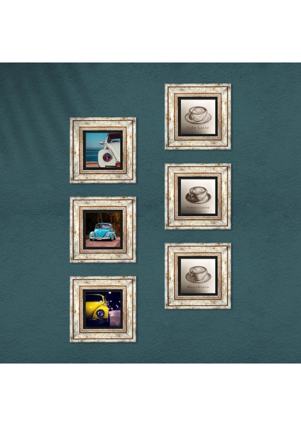 Kahve, Vosvos Araba Taş Duvar Tablosu Çerçeveli Duvar Dekoru 6 Parça Tablo Seti Wall Art T6-103