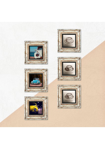 Kahve, Vosvos Araba Taş Duvar Tablosu Çerçeveli Duvar Dekoru 6 Parça Tablo Seti Wall Art T6-103