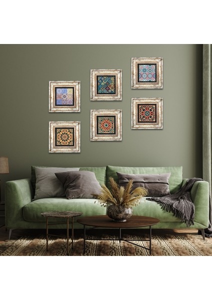 Etnik Desen Taş Duvar Tablosu Çerçeveli Duvar Dekoru 6 Parça Tablo Seti Wall Art T6-110