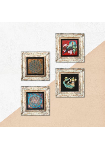 Kuş, Yaşam Çiçeği, Şahmeran Taş Duvar Tablosu Çerçeveli Duvar Dekoru 4 Parça Tablo Seti Wall Art T4-484 indirimleri
