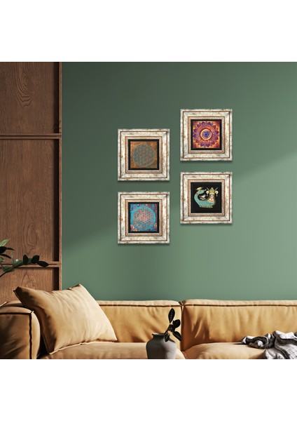Stone Mandala, Yaşam Çiçeği, Şahmeran Çerçeveli Taş Duvar Tablosu 4’lü Set - Dekoratif Modern Sanat, Ev ve Ofis Dekoru |TK4-488|