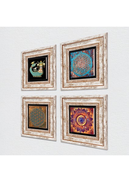 Stone Mandala, Yaşam Çiçeği, Şahmeran Çerçeveli Taş Duvar Tablosu 4’lü Set - Dekoratif Modern Sanat, Ev ve Ofis Dekoru |TK4-488| fiyatları