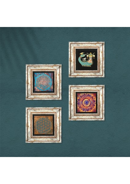 Stone Mandala, Yaşam Çiçeği, Şahmeran Çerçeveli Taş Duvar Tablosu 4’lü Set - Dekoratif Modern Sanat, Ev ve Ofis Dekoru |TK4-488| fırsatları