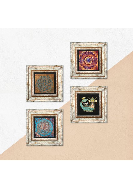 Stone Mandala, Yaşam Çiçeği, Şahmeran Çerçeveli Taş Duvar Tablosu 4’lü Set - Dekoratif Modern Sanat, Ev ve Ofis Dekoru |TK4-488| indirimleri