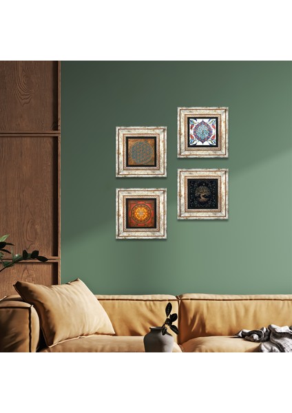 Yaşam Çiçeği, Sri Yantra, Hayat Ağacı, Çini Sanatı Çerçeveli Taş Duvar Tablosu 4’lü Set - Dekoratif Modern Sanat, Ev ve Ofis Dekoru |TK4-498|