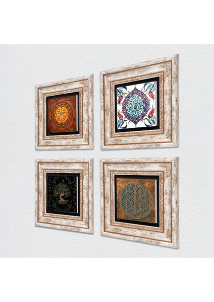 Yaşam Çiçeği, Sri Yantra, Hayat Ağacı, Çini Sanatı Çerçeveli Taş Duvar Tablosu 4’lü Set - Dekoratif Modern Sanat, Ev ve Ofis Dekoru |TK4-498| fiyatları