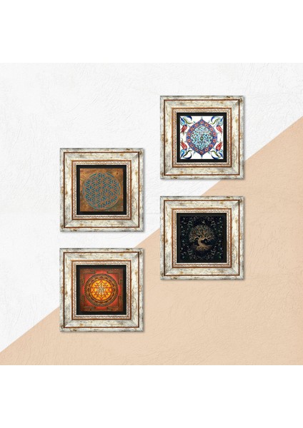 Yaşam Çiçeği, Sri Yantra, Hayat Ağacı, Çini Sanatı Çerçeveli Taş Duvar Tablosu 4’lü Set - Dekoratif Modern Sanat, Ev ve Ofis Dekoru |TK4-498| indirimleri