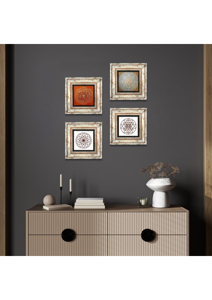 Yaşam Çiçeği, Sri Yantra Çerçeveli Taş Duvar Tablosu 4’lü Set - Dekoratif Modern Sanat, Ev ve Ofis Dekoru |TK4-50|