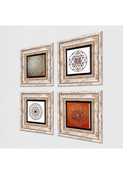 Yaşam Çiçeği, Sri Yantra Çerçeveli Taş Duvar Tablosu 4’lü Set - Dekoratif Modern Sanat, Ev ve Ofis Dekoru |TK4-50| fiyatları