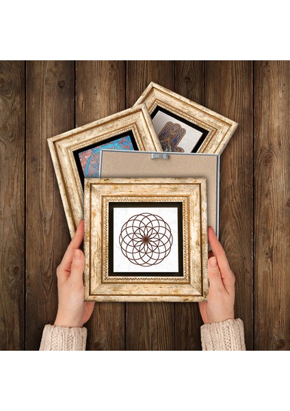 Yaşam Çiçeği, Sri Yantra Çerçeveli Taş Duvar Tablosu 4’lü Set - Dekoratif Modern Sanat, Ev ve Ofis Dekoru |TK4-50| modelleri