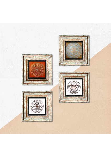 Yaşam Çiçeği, Sri Yantra Çerçeveli Taş Duvar Tablosu 4’lü Set - Dekoratif Modern Sanat, Ev ve Ofis Dekoru |TK4-50| indirimleri