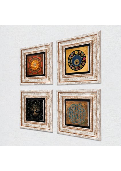 Stone Yaşam Çiçeği, Sri Yantra, Hayat Ağacı, Nazar Çerçeveli Taş Duvar Tablosu 4’lü Set - Dekoratif Modern Sanat, Ev ve Ofis Dekoru |TK4-502| fiyatları