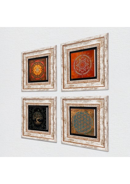 Yaşam Çiçeği, Sri Yantra, Mandala, Hayat Ağacı Taş Duvar Tablosu Çerçeveli Duvar Dekoru 4 Parça Tablo Seti Wall Art T4-506