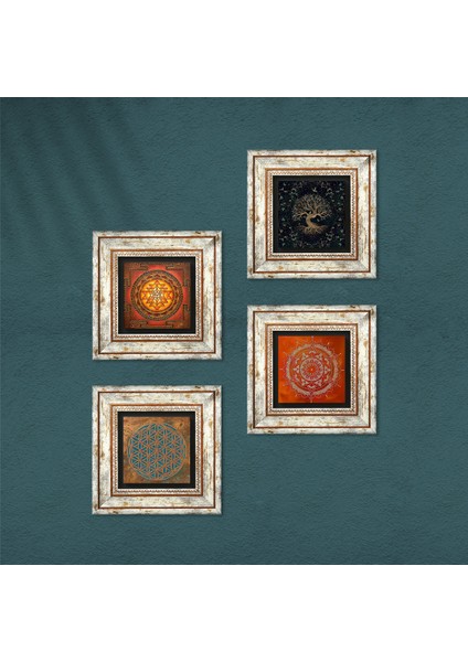 Yaşam Çiçeği, Sri Yantra, Mandala, Hayat Ağacı Taş Duvar Tablosu Çerçeveli Duvar Dekoru 4 Parça Tablo Seti Wall Art T4-506