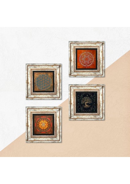 Yaşam Çiçeği, Sri Yantra, Mandala, Hayat Ağacı Taş Duvar Tablosu Çerçeveli Duvar Dekoru 4 Parça Tablo Seti Wall Art T4-506