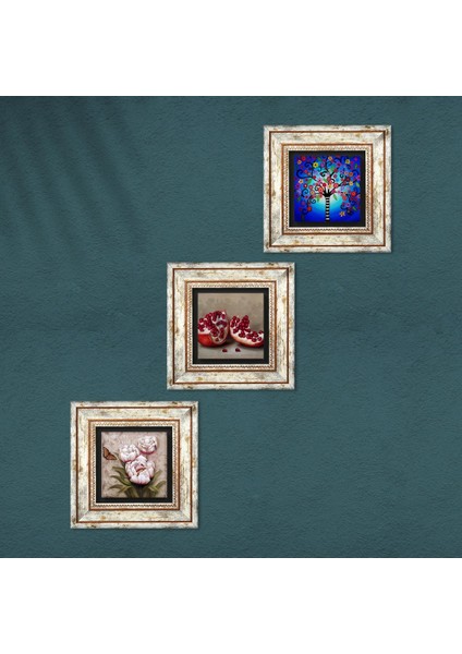 Hayat Ağacı, Kelebekli Çiçek, Nar Çerçeveli Taş Duvar Tablosu 3’lü Set - Dekoratif Modern Sanat, Ev ve Ofis Dekoru |TK3-1225| fırsatları