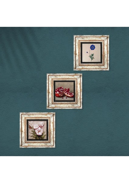 Ebru Sanatı, Kelebekli Çiçek, Nar Taş Duvar Tablosu Çerçeveli Duvar Dekoru 3 Parça Tablo Seti Wall Art T3-1237