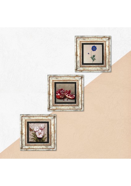 Ebru Sanatı, Kelebekli Çiçek, Nar Taş Duvar Tablosu Çerçeveli Duvar Dekoru 3 Parça Tablo Seti Wall Art T3-1237