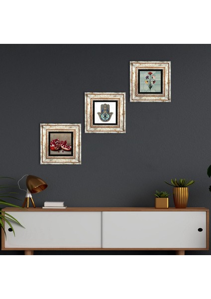 Ebru Sanatı, Nar, Fatma Ana Eli (Hamsa) Taş Duvar Tablosu Çerçeveli Duvar Dekoru 3 Parça Tablo Seti Wall Art T3-760