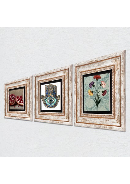 Ebru Sanatı, Nar, Fatma Ana Eli (Hamsa) Taş Duvar Tablosu Çerçeveli Duvar Dekoru 3 Parça Tablo Seti Wall Art T3-760