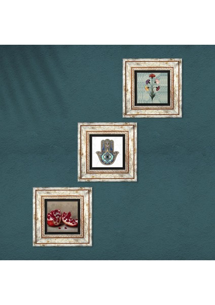 Ebru Sanatı, Nar, Fatma Ana Eli (Hamsa) Taş Duvar Tablosu Çerçeveli Duvar Dekoru 3 Parça Tablo Seti Wall Art T3-760