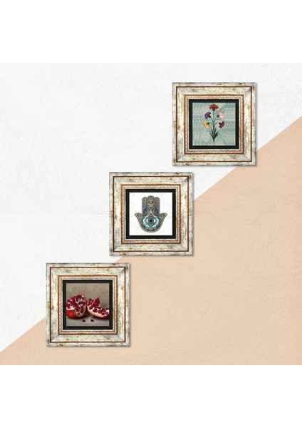 Ebru Sanatı, Nar, Fatma Ana Eli (Hamsa) Taş Duvar Tablosu Çerçeveli Duvar Dekoru 3 Parça Tablo Seti Wall Art T3-760