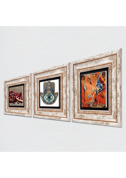Stone Picasso Avignonlu Kızlar, Nar, Fatma Ana Eli (Hamsa) Çerçeveli Taş Duvar Tablosu 3’lü Set - Dekoratif Modern Sanat, Ev ve Ofis Dekoru |TK3-778| fiyatları